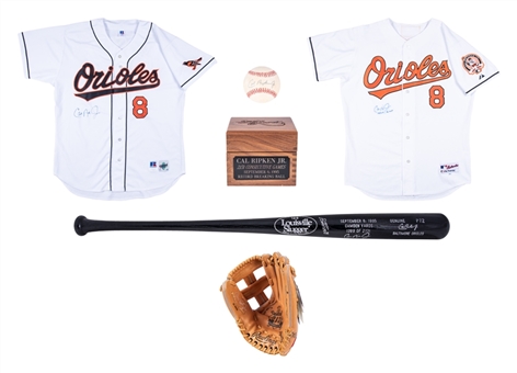 Cal Ripken Jr. Signed Memorabilia Collection of (5) Items Including Jerseys (2), Bat, Glove, and Baseball (JSA Auction LOA)